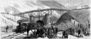 Einweihung des Mont-Cenis-Tunnels (Monte Cenisio) im Jahr 1871. Ankunft des Zuges in Bardonecchia