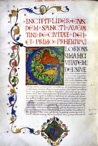 Incipit des Manuskripts von „De civitate dei“ von Augustinus. 15. Jahrhundert Manuskript. Mailand, Bibl, Trivulziana