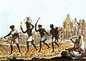 Indien. Fakire gehen auf glühenden Kohlen. 19. Jahrhundert Gravur