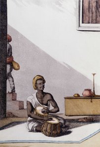 Indische Kultur und Zivilisation: Musiker spielt Tablas, traditionelles Musikinstrument, Indien. Gravur von 1808.