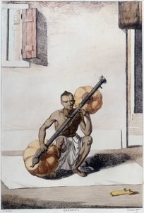 Indische Kultur, Zivilisation und Gesellschaft: Musiker mit traditionellem indischen Saiteninstrument. Gravur von 1808