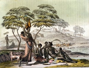 Inder aus Botswana (Bechuanaland). Gravur in „Die alte und moderne Tracht“ von Jules Ferrario