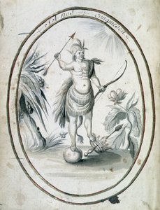 Indianer von Kanada mit seinem Bogen und Pfeilen - Frontispiz des Manuskripts „Dialogue or Interview of a French with a Savage“