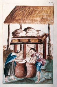 Indianer machen Käse, aus dem Buch "Trujillo del Peru" oder "Códice Martínez Compañón", von Baltazar Martinez Compañón y Bujanda, Bischof von Trujillo (1782-1785)