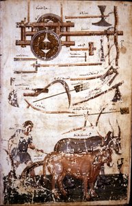 Instrumente zur Feldarbeit und ein Mann beim Pflügen - in „Scutum Herculis (Der Schild des Herakles)“ von Hesiod