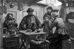 Innenraum eines Flussbootes auf der Lys. Illustration aus dem 19. Jahrhundert von Unknown artist