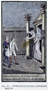 Einführung des Lehrlingsmaurers - nach einer Gravur aus der „Kostbaren Sammlung der Adonhiramitischen Maurerei“ von einem Ritter aller Freimaurerorden von Unknown artist