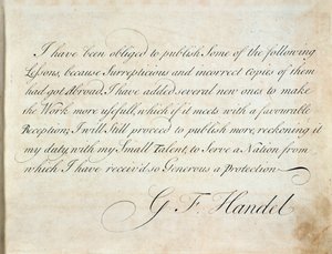 Einführungsseite, auf der der Komponist die Gründe für die Veröffentlichung angibt, aus Suite von Instrumentalstücken von G F Handel
