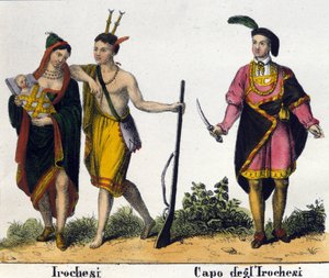 Irokesen-Indianer der Vereinigten Staaten von Amerika. Lithografie aus dem frühen 19. Jahrhundert