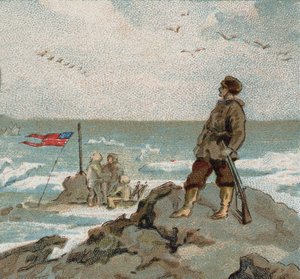 Isaac Israel Hayes (1832-1881) mit der amerikanischen Flagge an den Ufern des Polarmeers. Chromolithographie aus dem späten 19. Jahrhundert.