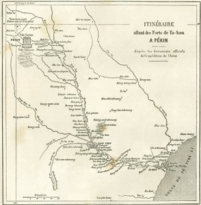 Reiseroute entlang des Hai He Flusses nahe Tien Tsin (Tien-Tsin, Tianjin) nach Peking (Beijing), China. Karte, in „Le Tour du Monde, Nouveau journal des Voyages“, herausgegeben von Edouard Charton, Paris von Unknown artist