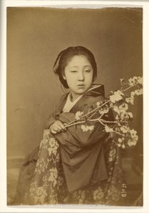 Japanische Frau hält blühenden Prunuszweig