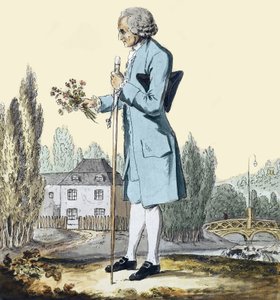 Jean-Jacques Rousseau (1712-78) sammelt Kräuter in Ermenonville, Juni 1778 - Darstellung des Philosophen Jean-Jacques Rousseau (1712-1778), der in Ermenonville Blumen pflückt.