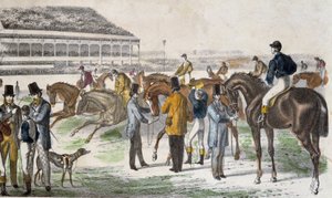 Jockeys und ihre Pferde vor dem Rennen (Gravur, ca. 1850)