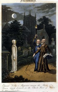 John Dee und Edward Kelly beschwören einen Geist. 1825. Bibl. Morando, Mailand