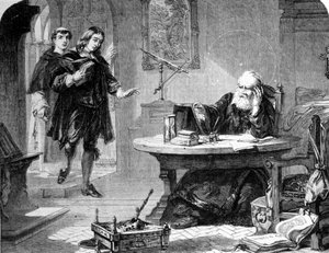 John Milton, englischer Dichter und Essayist (1608 - 1674) besuchte Galileo Galilei (1564 - 1642) in seiner Zelle der Inquisition von Florenz. Gravur. Um 1860