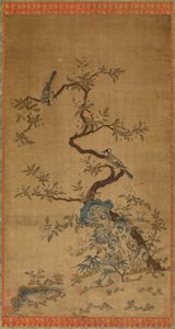 Kesi-Wandteppich mit zwei Vögeln und einem blühenden Baum