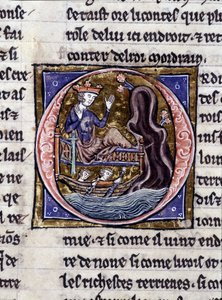 König Modreius. Manuskript: Eroberung des Heiligen Grals, geschrieben 717 Jahre nach der Passion unseres Herrn. Bibliothèque municipale de Rennes, ms. 255 (Sammlung von Romanen der Tafelrunde); Paris