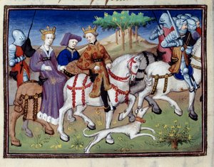 König Philipp VI. von Valois und die Weiße Königin von Navarra (?) Auf der Jagd Miniatur aus „Das Buch der Jagd“ von Gaston III Phoebus, Graf von Foix, Herr von Béarn (1331-1391) von Unknown artist