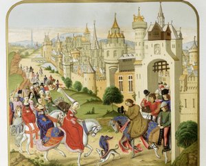 „König von Frankreich Karl IV. empfängt den Besuch seiner Schwester, der Königin von England Isabella von Frankreich (1292-1358), Ehefrau von Eduard II., die Zuflucht suchte“ Nach den Chroniken von Jean Froissart. 19. Jahrhundert Barcelona. Sant Jordi Cata von Unknown artist