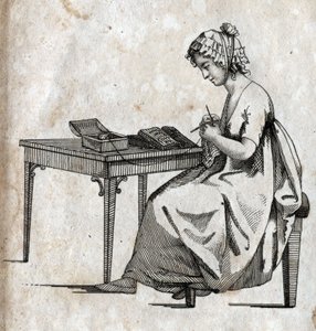 Strickmaschine: Frau beschäftigt sich mit dem Stricken von Wolle. Gravur späte 18. Jahrhundert. Private Sammlung. von Unknown artist