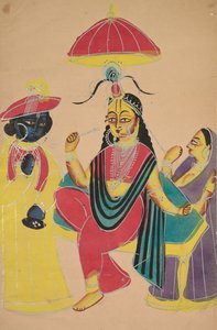 Krishna steht neben Radha, die auf einem Stuhl sitzt