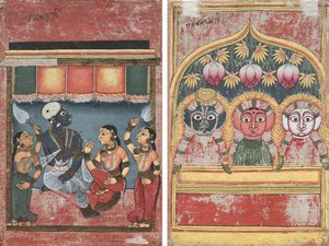 Krishna mit Radha und zwei Begleitern (recto); Jagannath, Subhadra und Balarama in einem Bogen (verso)