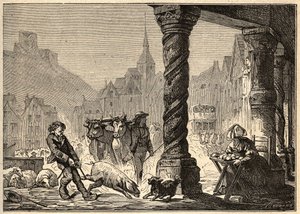Die große Straße an einem Markttag in Dol de Bretagne - Gravur in „PATRIE - Beschreibung der malerischen Frankreichs in 6 Bänden“ von Lucien Huard - Ende des 19. Jahrhunderts von Unknown artist