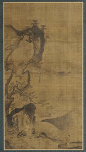 Landschaft: Berge und Wasser; eine Figur unter einem Kiefernbaum