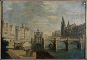 Le Grand Bras du Pont-Neuf et la pompe de la Samaritaine, ca. 1800, heutiges 1. Arrondissement, zwischen 1795 und 1805 von Unknown artist