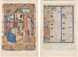 Blatt aus einem Stundenbuch: Anbetung der Könige (recto) und Text mit illustriertem Rand (verso) (3 von 3 ausgeschnittenen Blättern) von Unknown artist