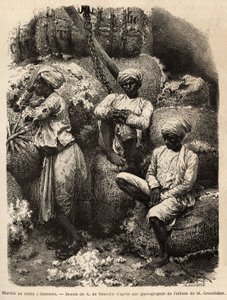 Die Parsi-Arbeiter ruhen sich auf dem Baumwollmarkt von Bombay aus. Gravur zur Illustration der Reise in die südlichen Provinzen Indiens, von Alfred Grandidier, 1862-1864, veröffentlicht in „Le tour du monde“, 1869, herausgegeben von Edouard Charton, Hache von Unknown artist
