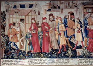 Leben des Heiligen Quentin: Wunder des Heiligen Quentin (Legende Dorée). Tapisserie von Saint Quentin (Fragment links), um 1480. Louvre Museum, Paris