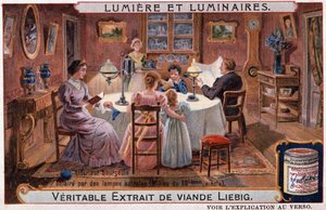 Lichter und Leuchten, bürgerliches Interieur beleuchtet von Astrallampen - Chromo. Liebig ca. 1895