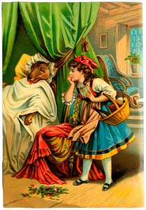 Rotkäppchen entdeckt den Wolf im Bett ihrer Großmutter (Chromolithographie Ende des 19. Jahrhunderts)