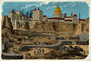Lage des gallo-römischen Zirkus aus dem 2. Jahrhundert v. Chr., entdeckt 1870 während der Bohrung der Rue Monge in Paris, Gravur 19. Jahrhundert von Unknown artist