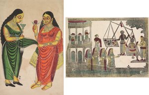 Magd bringt einer Dame eine Wasserpfeife; Krishna gegen wertvolle Gegenstände gewogen
