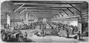 Herstellung von Senf und Konserven bei Louit Frères in Bordeaux. Flaschen- und Verpackungsraum. Gravur von 1865. von Unknown artist