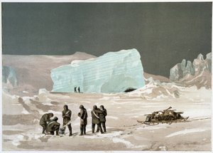 Männer und Schlitten auf dem Eis - in „Die Küsten des Polarmeers, eine Arktisexpeditionserzählung“ von Dr. Edward Moos, Marcus Nard & Co, London