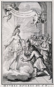 Männer betrachten sich ohne ihre Masken vor dem Spiegel der Allegorie der Wahrheit. Kupferstich des 18. Jahrhunderts. von Unknown artist