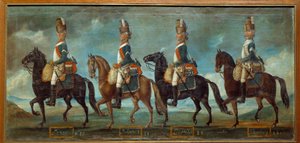 Militäruniformen der Dragoner nach der Ordnung von 1779: Regimenter von Lanan (Nr. 20), Belsunce (Nr. 21), Languedoc (Nr. 22), Schomberg (Nr. 24)