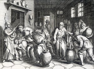 Wunder von Elisee, biblischer Prophet und Jünger von Elia, der mit seinem Mantel seinen Geist und seine Kräfte auf ihn überträgt. Gravur von 1724