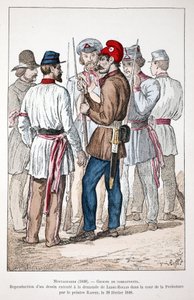 Bergbewohner (1848), eine Gruppe von Kämpfern, von denen einer die phrygische Mütze und die revolutionäre Kokarde trägt. Farbradierung, Reproduktion einer Zeichnung, die auf Wunsch von Alexandre Ledru-Rollin (Ledru Rollin) (1807-1874) im Hof des Justizpala