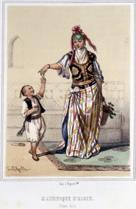Maurische Frau begleitet von einem Kind zu Hause in Algier in der zweiten Hälfte des 19. Jahrhunderts.