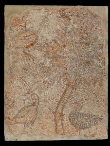 Mosaikfragment mit drei Vögeln und einem Baum