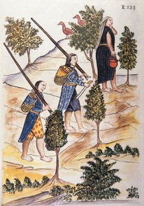 Motilones-Indianer gehen auf die Jagd, aus dem Buch "Trujillo del Peru" oder "Códice Martínez Compañón", von Baltazar Martinez Compañón y Bujanda, Bischof von Trujillo (1782-1785)