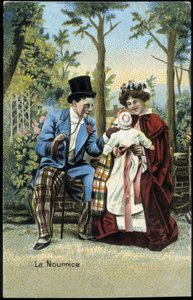 Krankenschwester mit einem Baby im Gespräch mit einem Mann in einem Park - Chromolithographie, späte 19. Jahrhundert.
