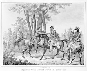 Am 26. Oktober 1860 traf Giuseppe Garibaldi König Viktor Emanuel II. in der Nähe von Teano. Gravur des 19. Jahrhunderts