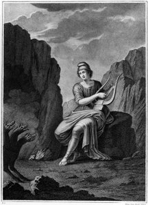 Orpheus am Eingang zur Unterwelt trifft Cerberus. Lithografie. 19. Jahrhundert