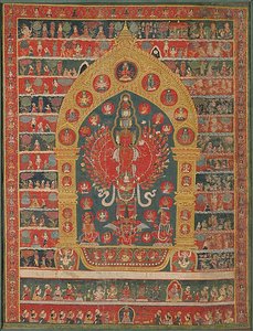 Gemaltes Banner (Thangka) der Avalokiteshvara-Inkarnation des Regengottes Rato Matsyendranatha